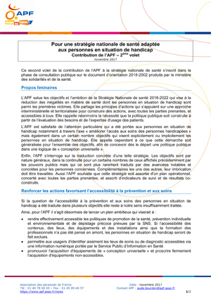 Pour une stratégie nationale de santé adaptée aux personnes en situation de handicap - 2ème volet, contribution de l'APF